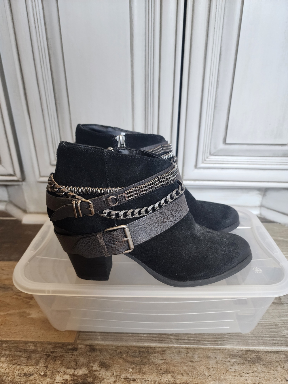 Women's Trouve Black Suede Ankle Booties with Decorative Straps